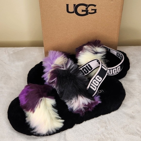 UGG Oh Yeah Tie Dye Magnolia Purple Black White Sling Back Furry Slipper… - Picture 6 of 14
